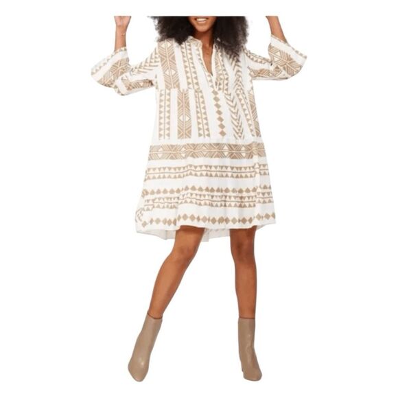 Silk and Salt The Perfect Sundress White Khaki Knit Tribal Print Mini 3/4 Sleeve - Picture 4 of 10